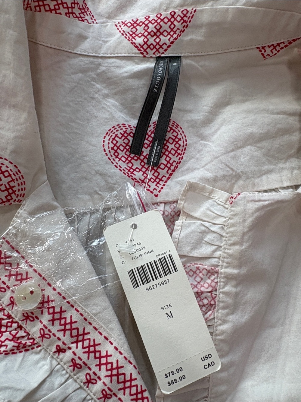 Anthropologie White Cotton Blouse with Pink Heart Print - Picture 2 of 5